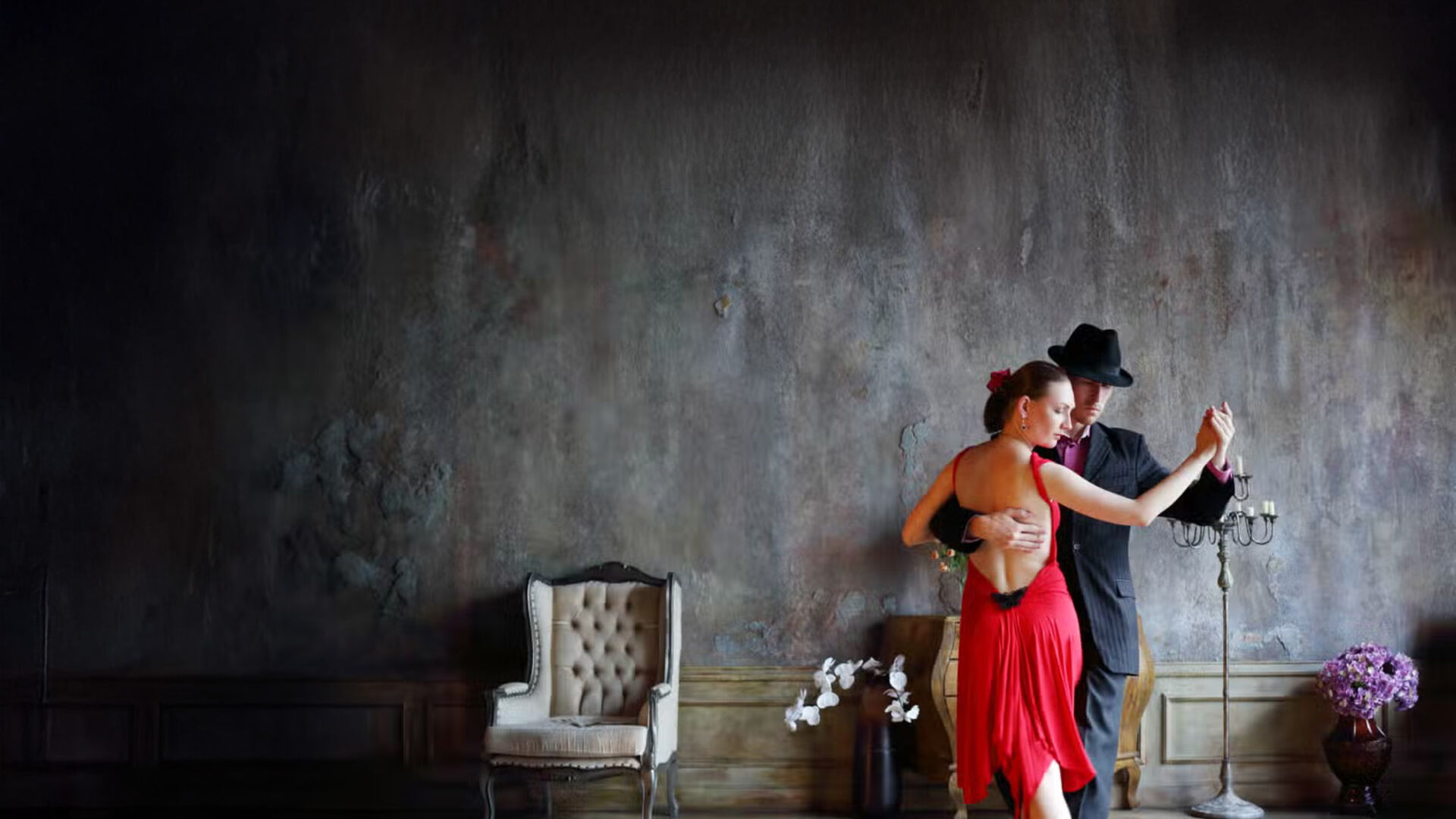 Tango dancers mid-step in Buenos Aires