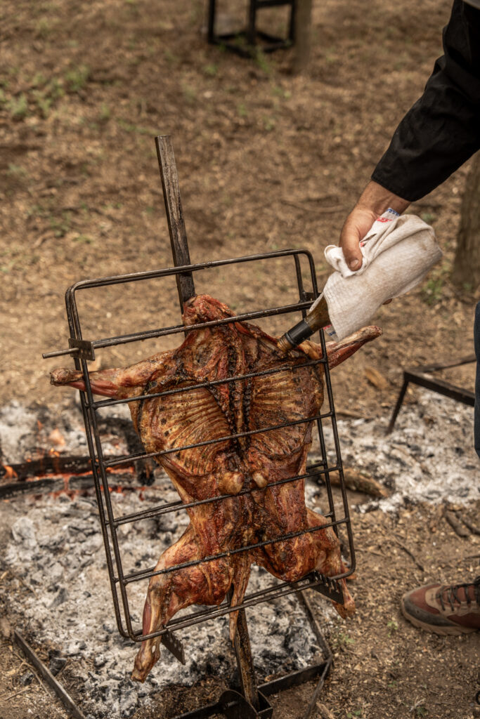 Traditional 'cabrito a la estaca' (goat) roasting on a large metal rack over an open fire outdoors.